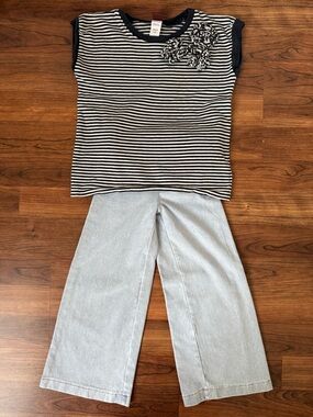 Tea • H&M | Striped Navy & White Cap-Sleeve Top with Light Wash Wide-Leg Jeans